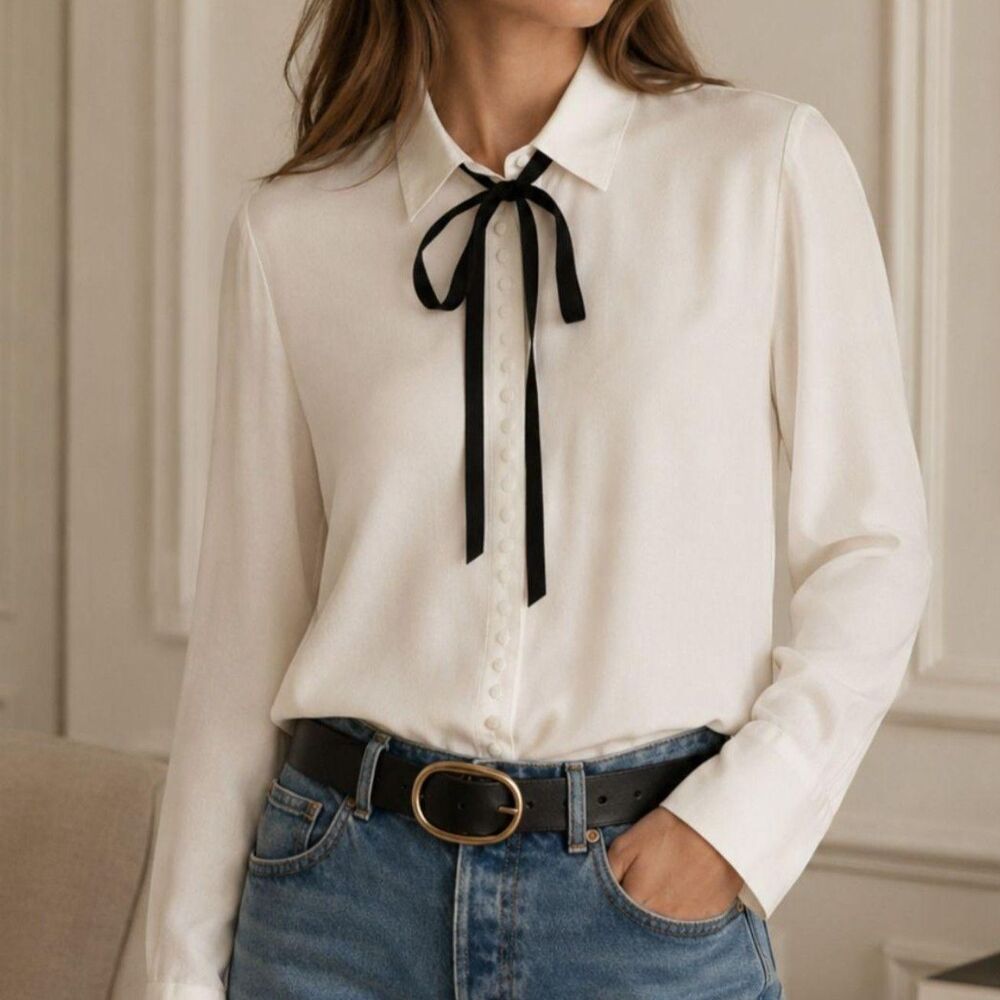 Madewell Silk-Like Necktie Button-Up Top XXS Winter White Velvet Bow Coquette